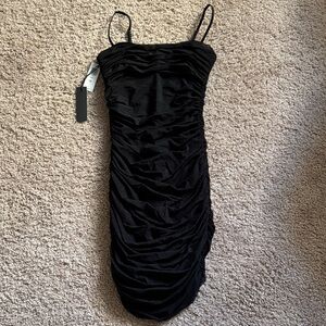 Babaton Aritzia Elegant Black Ruched Midi Dress